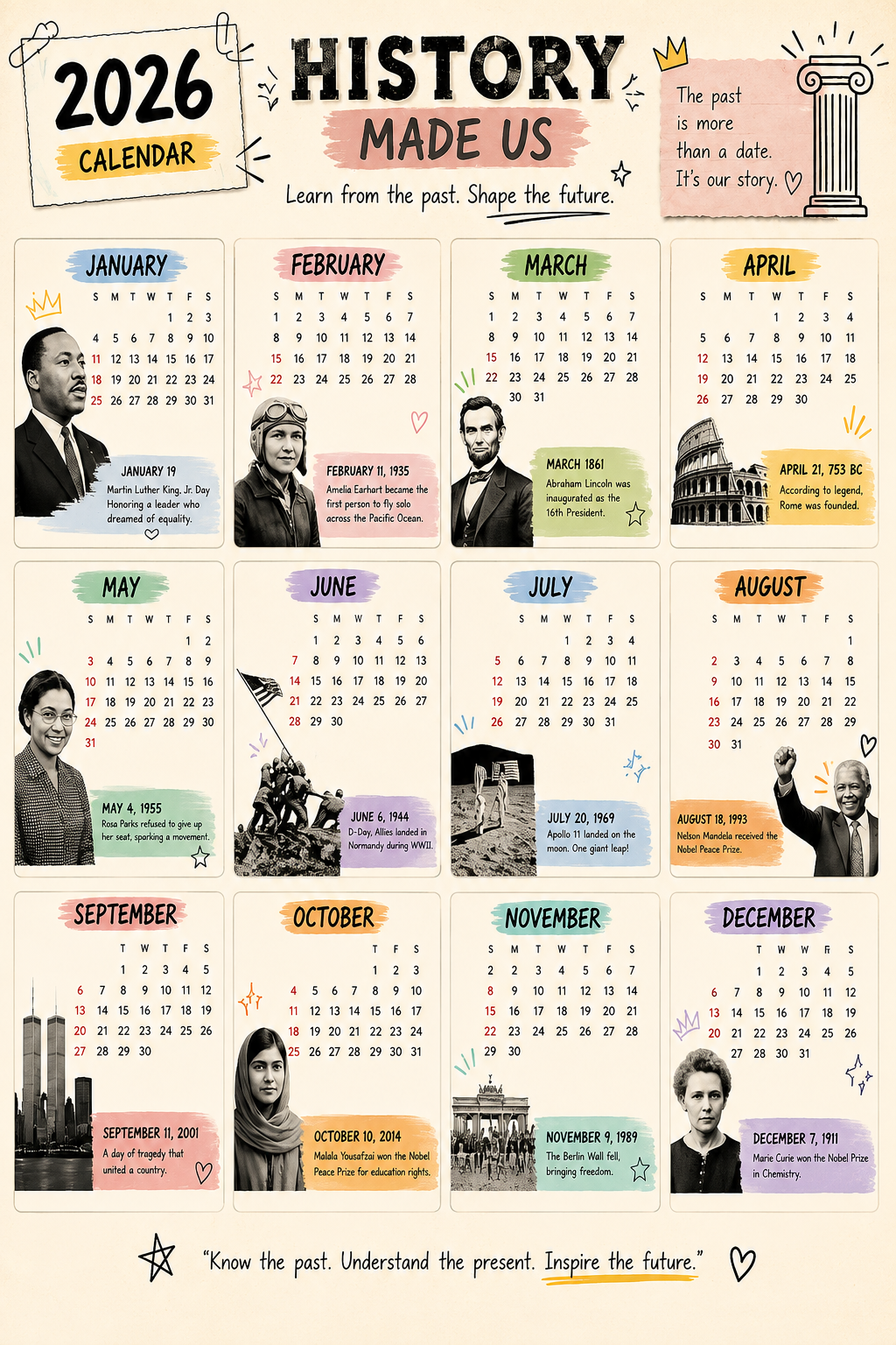 Printable Historical Calendar for Kids – Educational PDF Digital Download