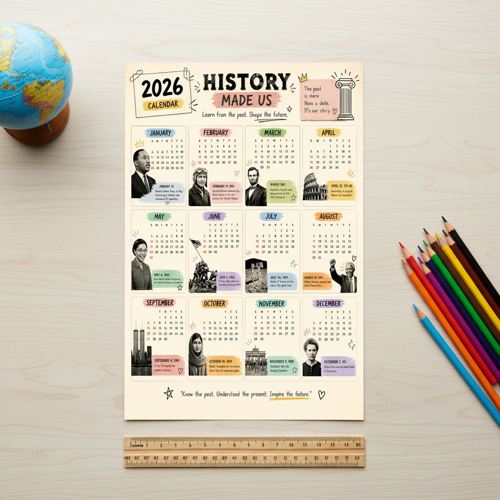 Historical Calendar flat lay on desk with colored pencils and globe