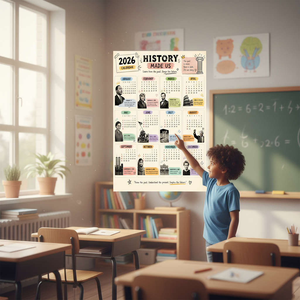 Historical Calendar pinned on classroom wall with child pointing
